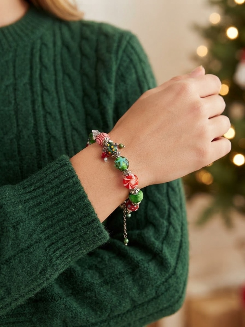 Festive Christmas Charm Bracelet Red Green Peppermint - Stretch
